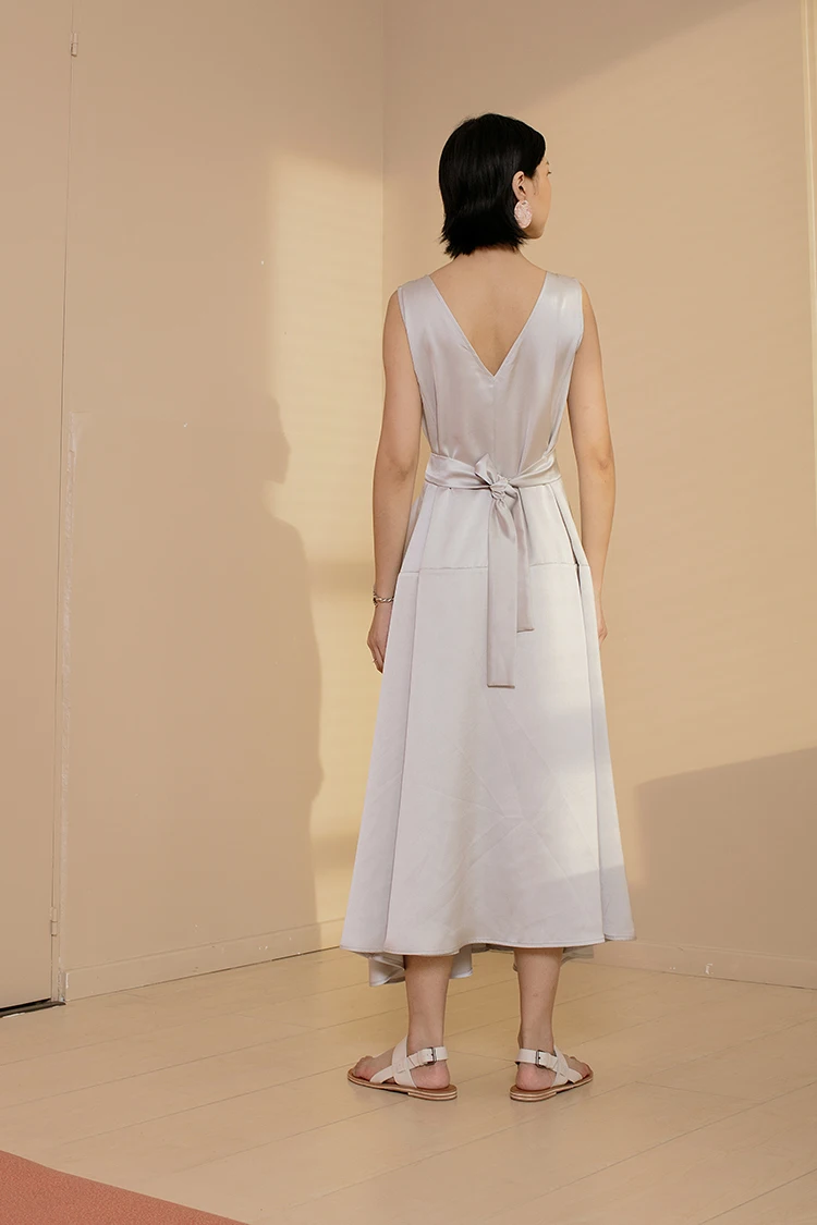 [EAM] Новое весенне-летнее серое Свободное длинное платье с v-образным вырезом без рукавов и разрезом JX128