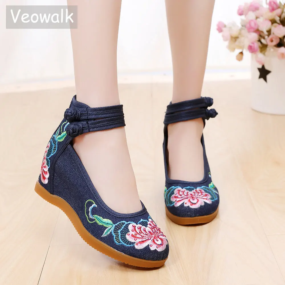 Veowalk Hidden 3cm Med Heels Women's Canvas Embroidered Pumps High Top Ankle Strap Ladies Casual Wedged Shoes Soft Comfort Veowalk Hidden 3cm Med Heels Women's Canvas Embroidered Pumps High Top Ankle Strap Ladies Casual Wedged Shoes Soft Comfort
