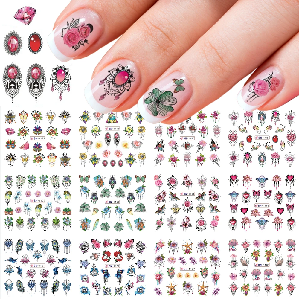 

12 Design Jewelry Flower Nail Water Sticker Gem Butterfly Transfer Decal Slider Nail Art Full Wraps Manicure Decor LABN1177-1188