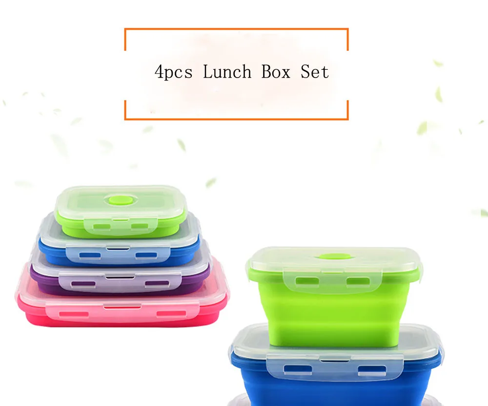 GODWJ 4 складные Microwaveable Силиконовые Ланч-бокс наборы Прямоугольник Портативный складной Bento box пищевой контейнер для столовой посуды