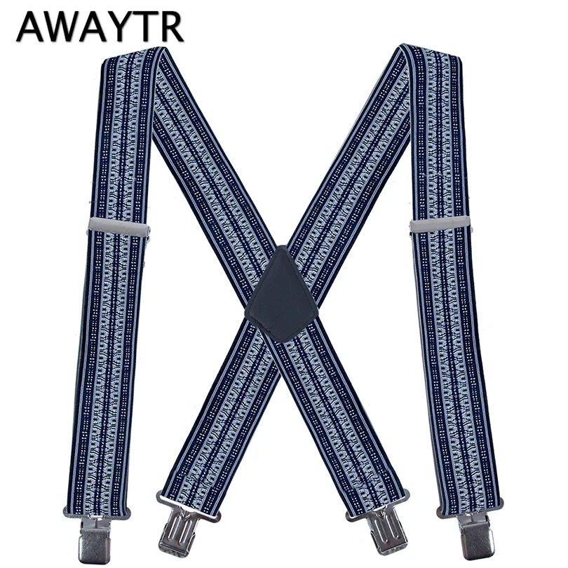 

AWAYTR Male 2 Inch 50 mm Wide Adjustable Four Clip-on Y- Back Elastic Black Grey Heavy Duty Braces Suspenders MenAccessories