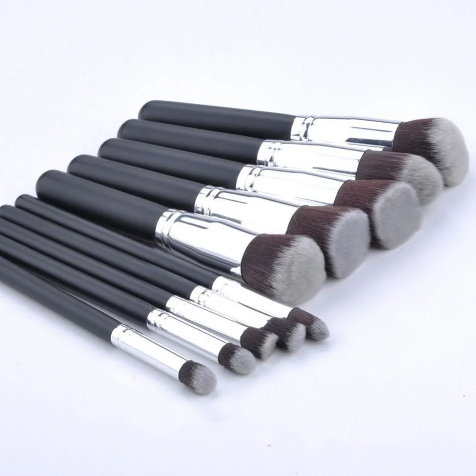 

New Arrive 10 pcs silver Synthetic Kabuki Makeup Brush Set Cosmetics Foundation blending blush makeup tool FYMPJ412