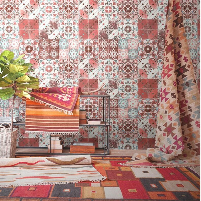 Beibehang Imitation Tiles Wallpaper Living Room Restaurant Bar Beibehang Imitation Tiles Wallpaper Living Room Restaurant Bar Background Boho Ethnic Style Southeast Asian