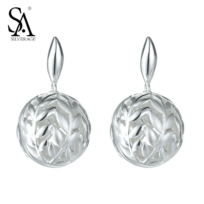 SA SILVERAGE Real 925 Sterling Silver Drop Earrings Ball Leave Lovely