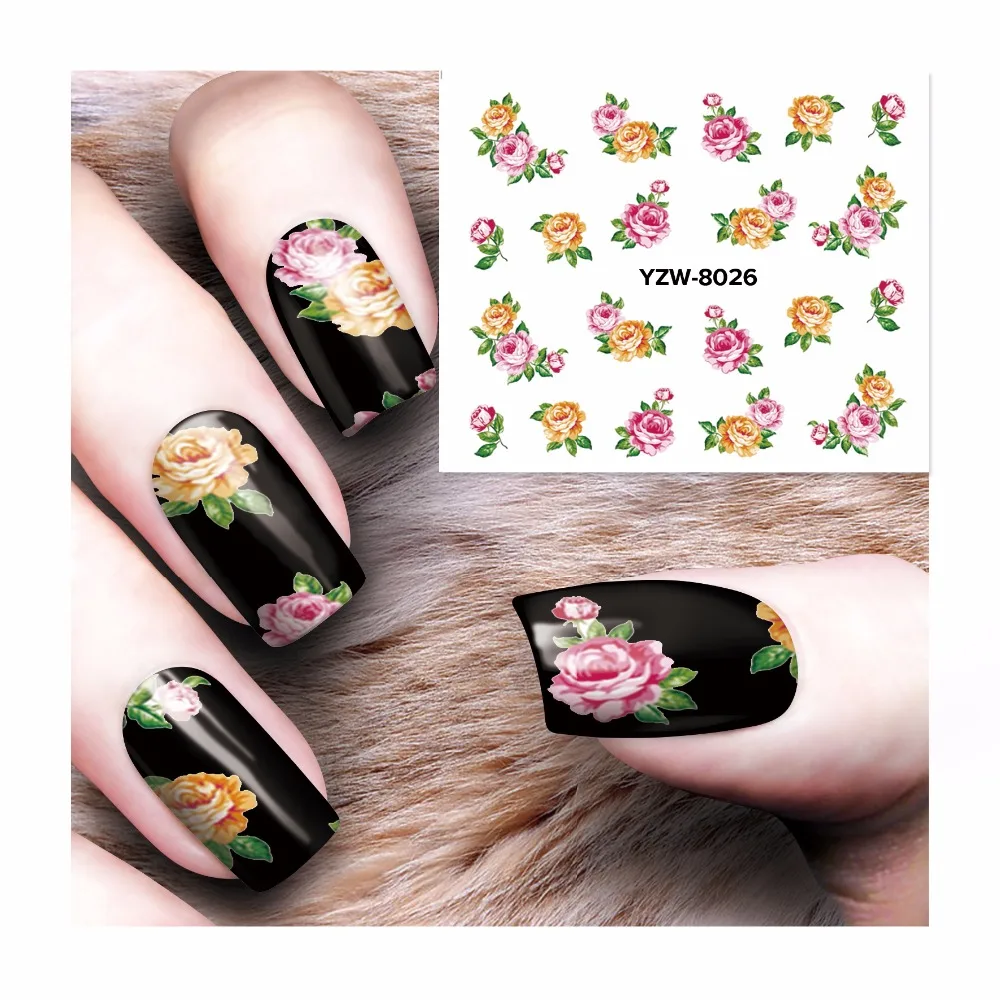 

YWK 1 Sheet Nail Art Water Decals Flower Design Nail Wraps Transfer Foil Nails Decorations Tools #8026