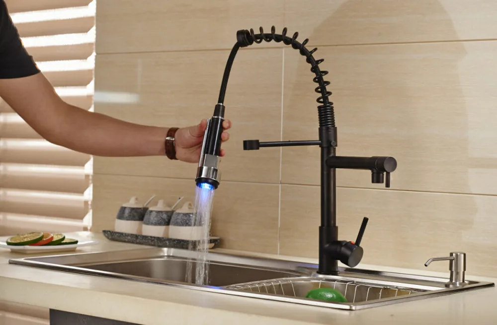 Modern Oil Rubbed Bronze Kitchen Faucet Vessel Sink Mixer Tap Swivel LED Spout