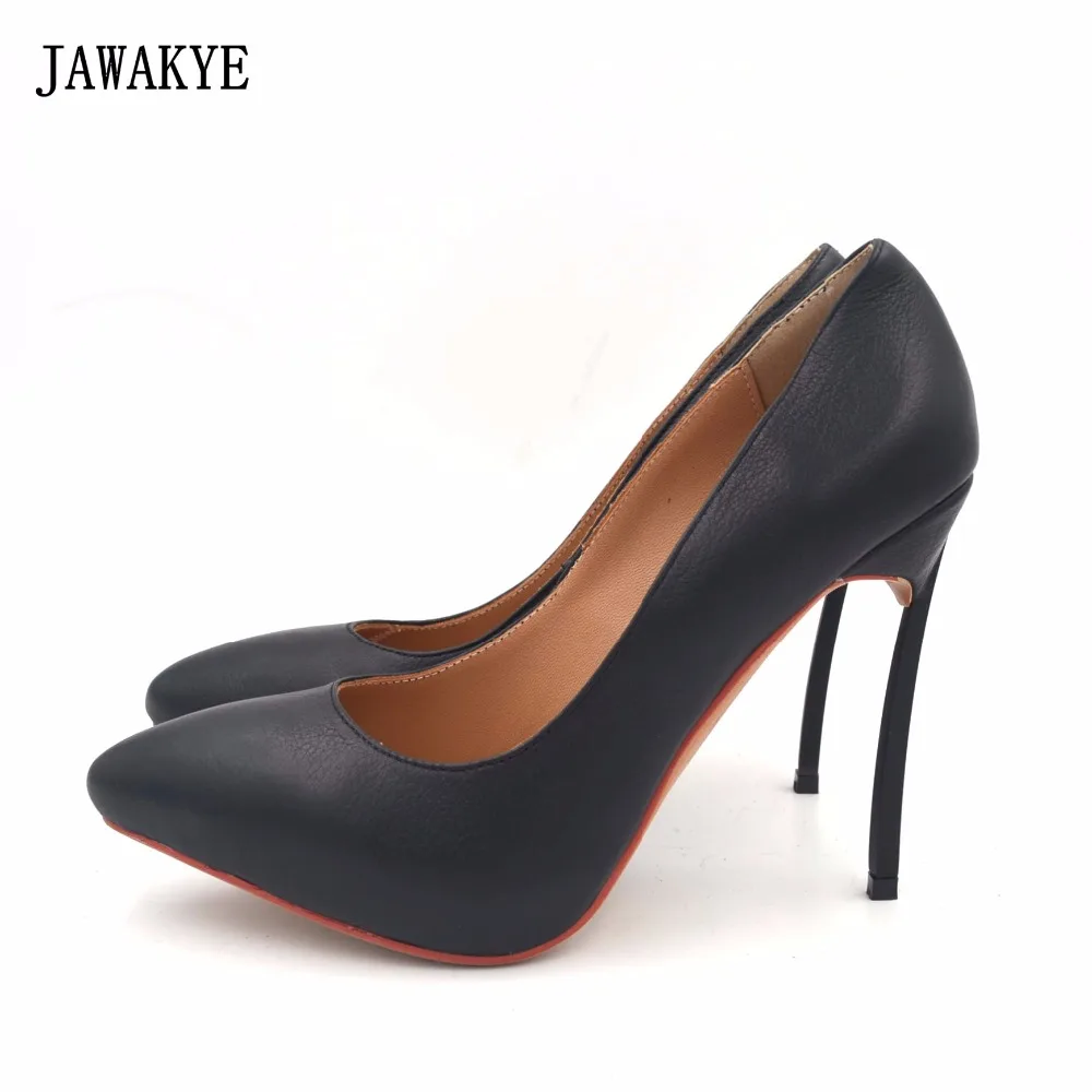 

Genuine Leather Sexy Gladiator Metal High Heels 12CM Women Pumps Black White Pointed toe Stilettos Wedding Shoes Woman JAWAKYE