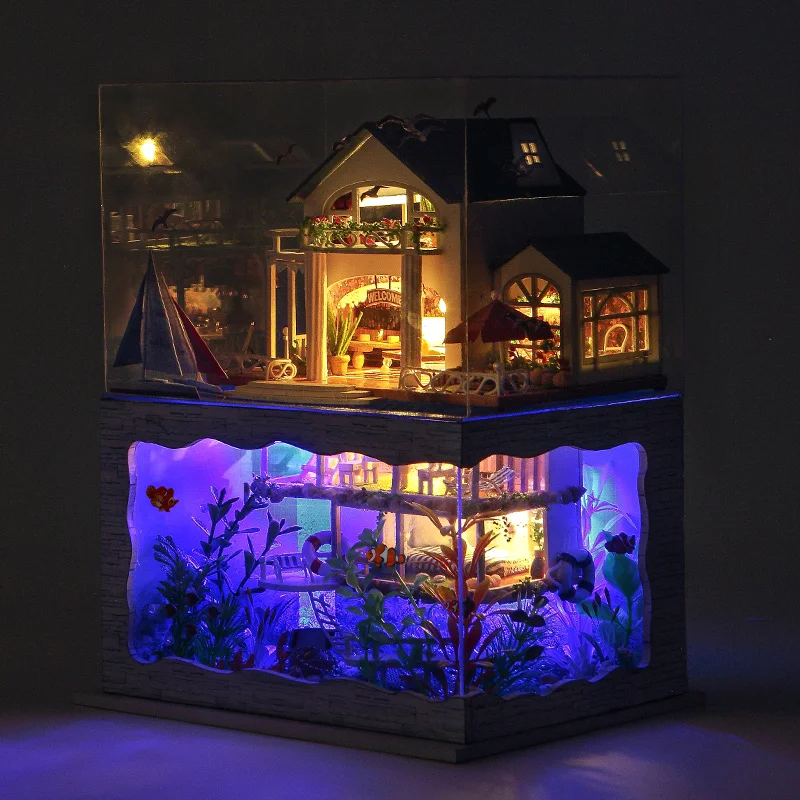 DIY кукольный домик Миниатюрная модель Гавайи вилла дом с легкой крышкой подарок украшения коллекция подарок игрушки для детей друг дети