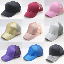 Летние сетчатые шапки, Повседневная Спортивная Кепка, моющаяся хлопковая бейсболка с конским хвостом, флуоресцентная Кепка с открытой сеткой и блестками, одноцветная Кепка