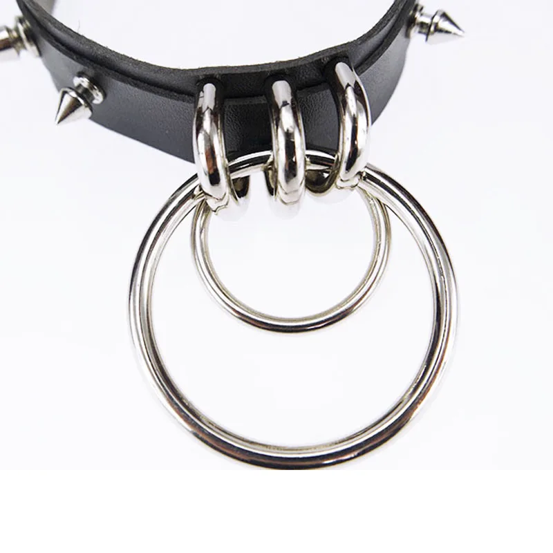 Панк готический ручной работы металлический двойной о круглый шипы слоистых кожаный воротник колье ожерелье