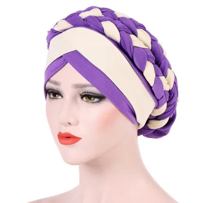 Мусульманское женское из молочного шелка двойная коса тюрбан шляпа капот шапочки Кепка хиджаб головной убор средство защиты волос головной убор аксессуары для волос - Цвет: light purple beige