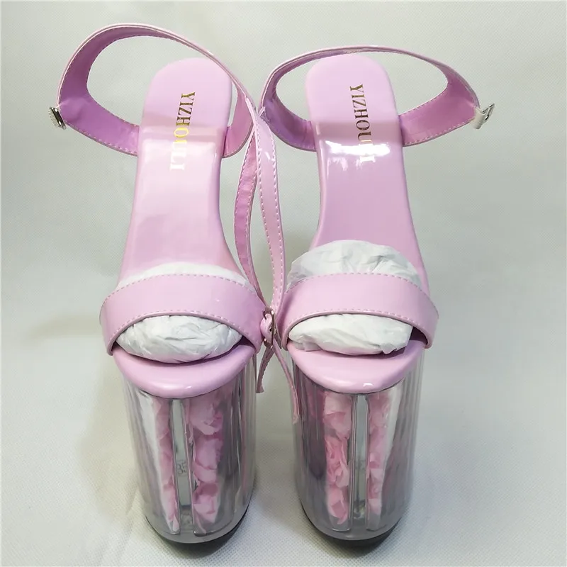Noble pink roses decorated, transparent sandals, 20cm high heels, wedding sandals