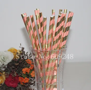 

100pcs Light Pink and Gold Foil Striped Paper Straws,Wedding Girls Birthday Party Baby Shower,Metallic Stripe Mason Jar Straws