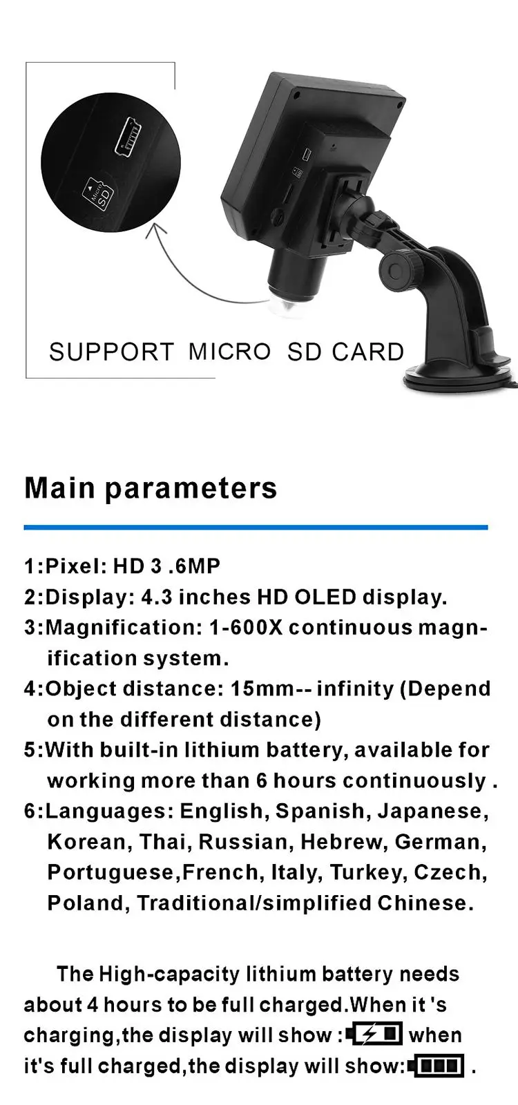 Mustool<ALIMT >&reg;</ALIMT> G600 Digital Portable 1-600X 3.6MP Microscope Continuous Magnifier with 4.3inch HD LCD Display