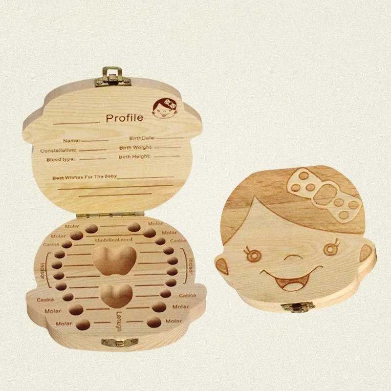 

Spanish English Russia Baby Wood Tooth Box Organizer Milk Teeth Storage Collect Teeth Umbilica Save Gifts baby Souvenir Gift