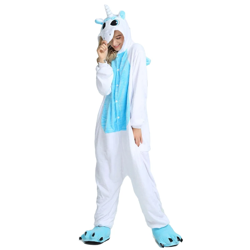 Blue unicorn Единорог кигуруми Onesie взрослая Пижама женские пижамы животных наборы Панда Косплей пижамы единорог пижамы унисекс зимние комбинезоны - Цвет: Blue unicorn