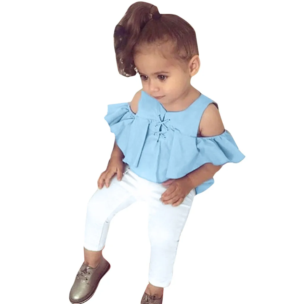

Summer Newborn Baby Girl Clothes Cotton Casual Fashion Clothes Off Shoulder Ruffle Lacing Tops T Shirt Pants Outfits Sets k0312