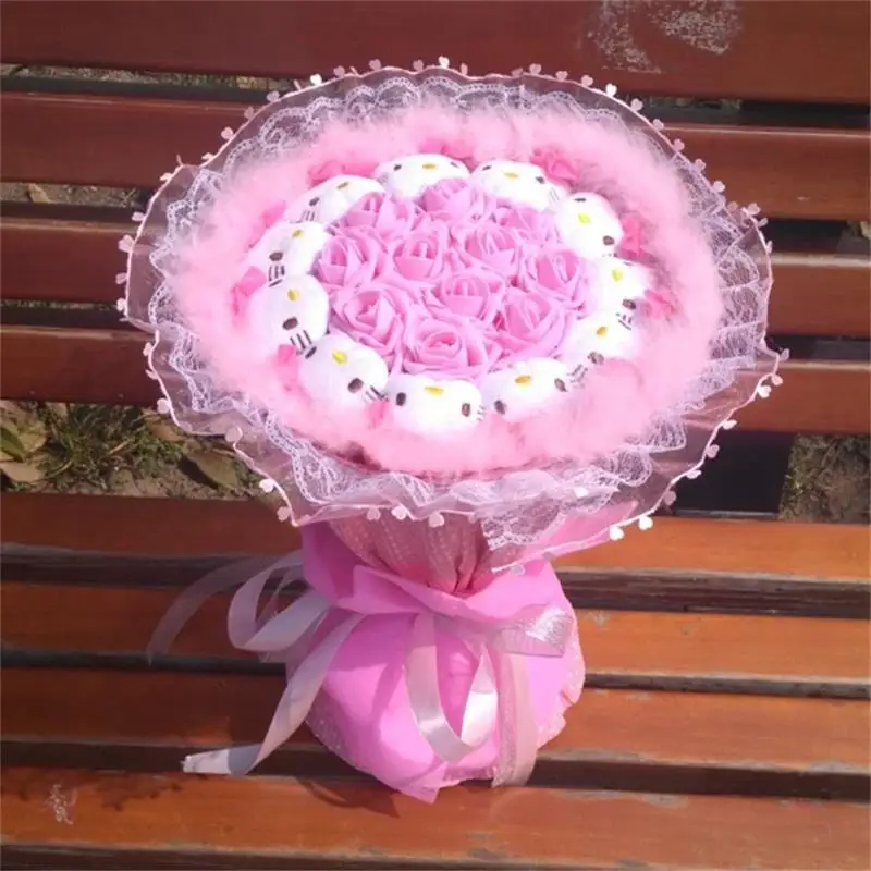 

handmade Wedding Festival Gift Cute Kitty Cat Artificial Flower Feather Bouquet Stuffed Cartoon Toy Bouque Valentine's day gifts