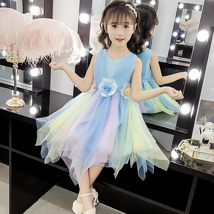 

6258 Flower Embroidery Rainbow Princess Baby Girl Dress Tutu Summer Party Wedding Kid Dress For Girl Wholesale Baby Girl Clothes