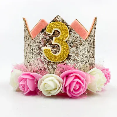 Nicro Flower Crown Birthday Hat Children's Birthday Party Decoration Cake Cap Photo Props Headwear Sequin Hat#Oth182 - Цвет: Champagne 3