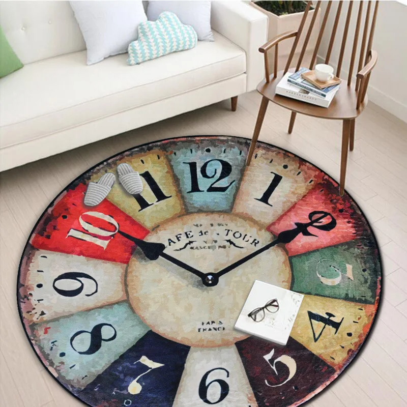 

15MM Vintage Creative Wall Clock Printed Round Carpet Entrance DoorMat Porch Bathroom Mat Anti-Slip Wear-Resisting Kitchen Rug