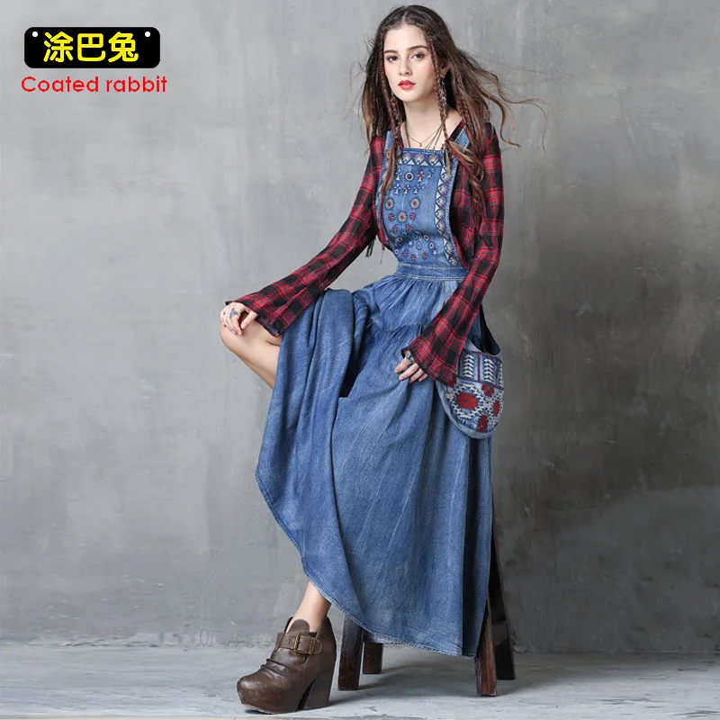 

Summer women denim long dress embroidery pockets Casual loose overalls female solid color straps jeans dresses