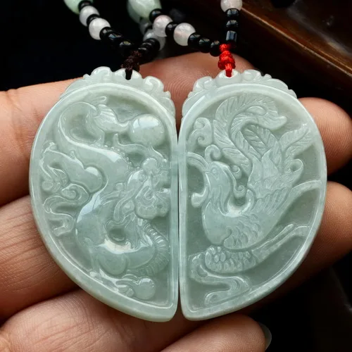 

Drop shipping Natural AAA Jadeite Jades Pendant 3D Handmade Carved Chinese Dragon Phoenix Buddha Pendant For lovers Necklace