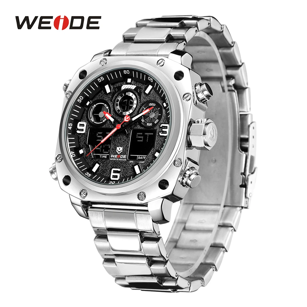 

WEIDE Business Casual Sports Auto Date Stopwatch Stainless Steel Strap Band LCD Analog Display Quartz Water Resistant Wristwatch