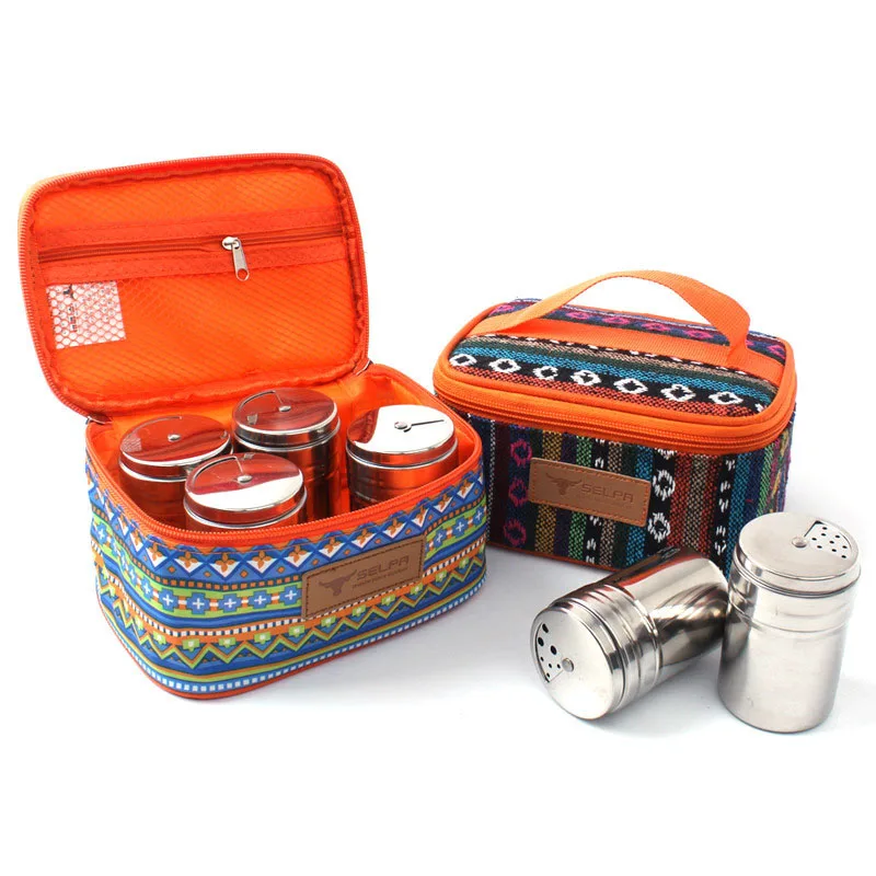 

1 Storage Bag+6 Seasoning Pot Bag For Seasoning Pot Tableware Storage 201 Stainless Steel Pot Seasoning Storage Outdoor Camping
