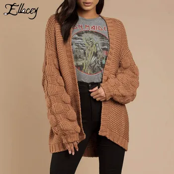 

Ellacey 2019 Autumn Winter Knitting Women Sweaters Cardigan Puff Sleeve Knitted Coat Open Stitch Knitwear Long Cardigan Women