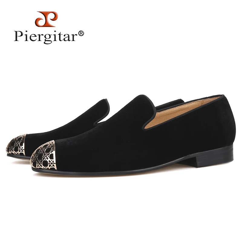 

Piergitar 2019 New Gold Metal Toe Men velvet shoes Handmade smoking slippers men's casual shoes Party and wedding men loafers
