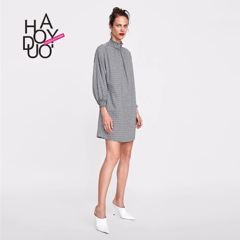 

HDY Haoduoyi Women Fashion Simple Stretch Stand Collar Pleated Decorative Fluffy Dress Puff Long-Sleeved Loose Dress Wholesale