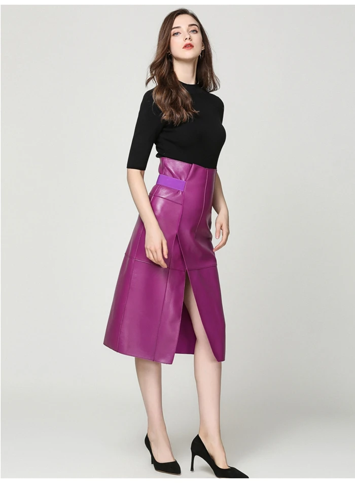 Женская юбка из овчины, натуральная кожа, длинная,, модная, женская, сексуальный дизайн, настоящая, тонкая, на бедрах, с поясом, юбка фиолетовая