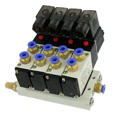 

4V210-08 DC 24V Quadruple Solenoid Valve Mufflers 6mm Quick Fittings Base Set