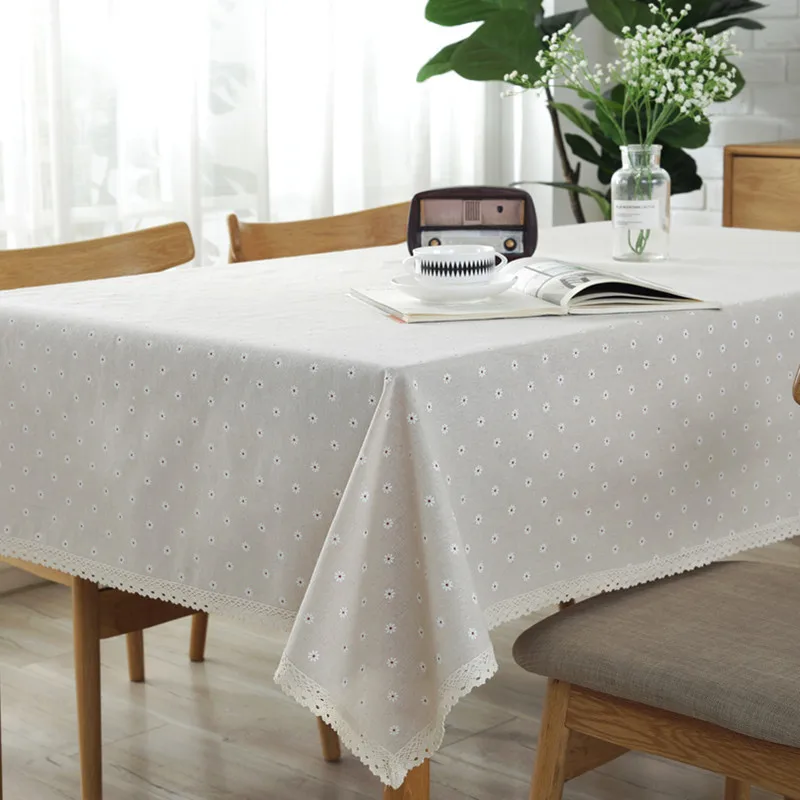 

Pastoral Tablecloth Hot Sale Daisy Flower Pattern Rectangular Linen and Cotton Lace Edge Table Cloth Home Hotel Textile Decor