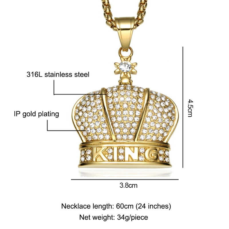 Хип хоп Bling Iced Out король корона ожерелье полный горный хрусталь 316L нержавеющая сталь золото ожерелье s& Подвески для мужчин ювелирные изделия