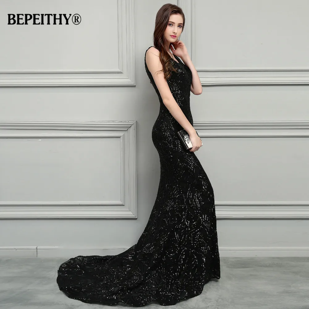 BEPEITHY Новый Русалка Длинные Выпускные платья 2019 блестящее платье Vestido Longo суд Поезд Сексуальная открытой спиной Вечерние без рукавов