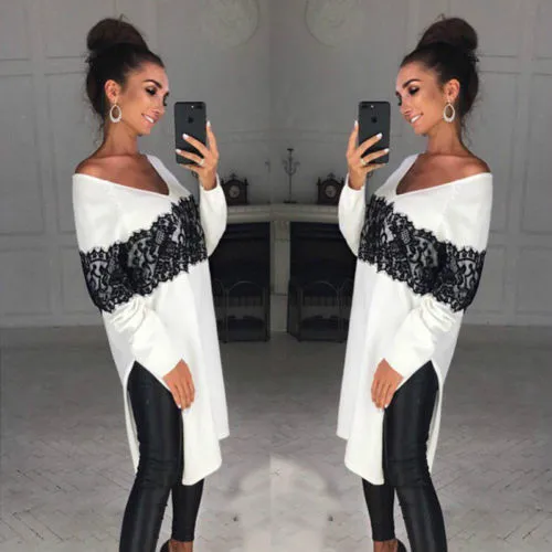 

UK Womens Long Sleeve Winter Casual Shirt Ladies Split Jumper Tops