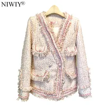 NIWIY брендовые Роскошные тканые твидовые зимние куртки Casacas Para Mujer Invierno с длинными рукавами розовые женские куртки Casaco N9328