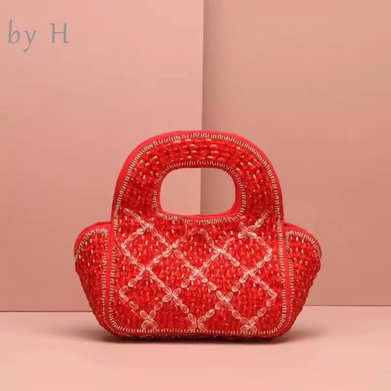 

by H 2019 new retro beaded flower bag cherry red mini top handle bag french vacation style bag chic vintage purse sweet girl bag