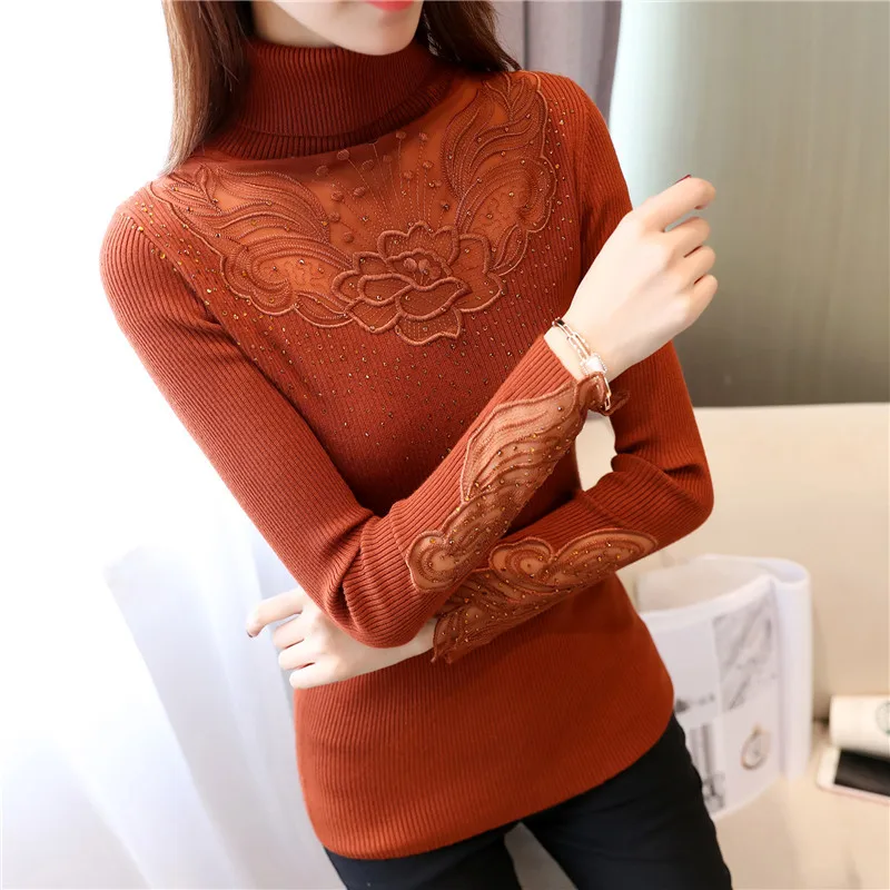 Autumn Winter Women Sweaters Pullovers Lace Patchwork Turtleneck Knitted Sweaters Elegant Casual Pullovers Warm Elastic Knitwear Autumn Winter Women Sweaters Pullovers Lace Patchwork Turtleneck Knitted Sweaters Elegant Casual Pullovers Warm Elastic Knitwear
