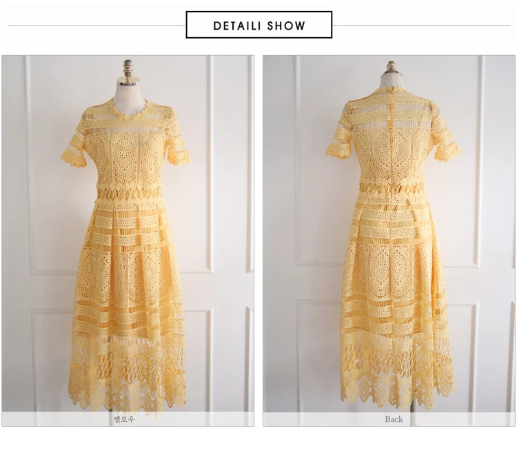 JSXDHK Summer Runway Swing Dress Women Short Sleeve Yellow Lace Holiday Long Dress Fashion Floral Hollow Out Party Midi Dress