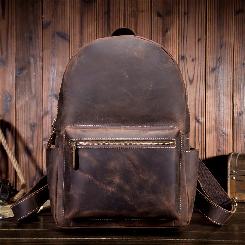 

Men's backpack crazy horse leather backpack retro yellowish brown college wind student backpack 9338