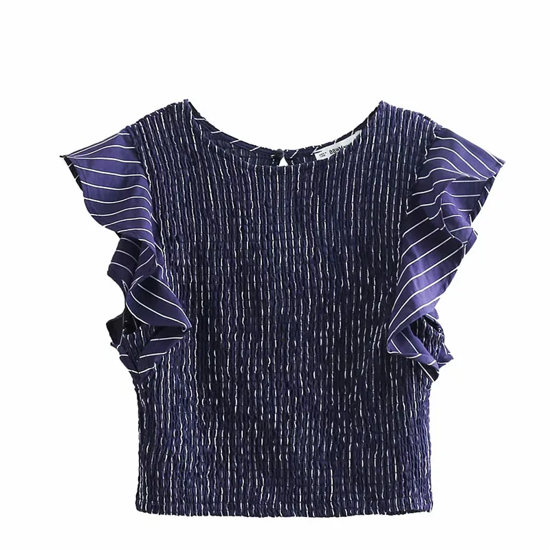 

Women Shirt O-Neck Striped Blouses Summer Butterfly Sleeve Casual Fashion Female Shirts Loose Slim Short Ladies Tops Shirt