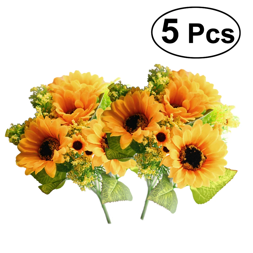 5 Pcs 7 Head Plastic Sunflower Plant Artificial Fake Simulation