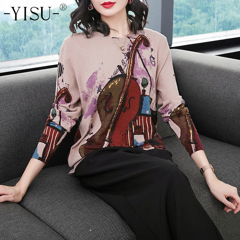 

YISU Knitted Print Sweater Women Long Sleeve Jumper Pullover Knitwear Tops 2018 Autumn Winter Fashion Guitar print sweater