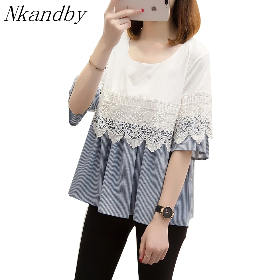 

Nkandby Plus Size Women's Shirt 2019 Korean Summer Clothes Fashion Lace Hollow Out Half Sleeve Striped Sweet Blouses Ladies Tops