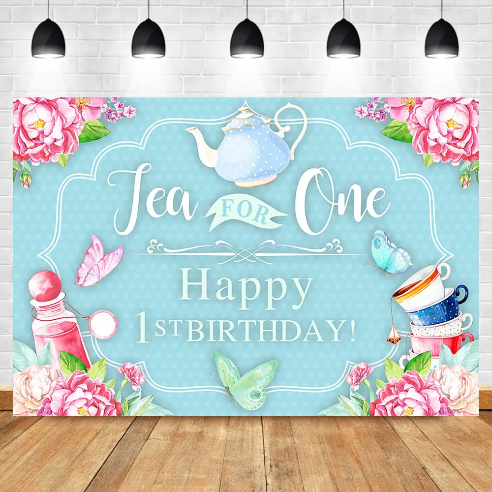 

Neoback Happy 1sh Birthday Party Photo Backdrop Tea for One Tea set Kettle Butterfly Blue Background for Photo