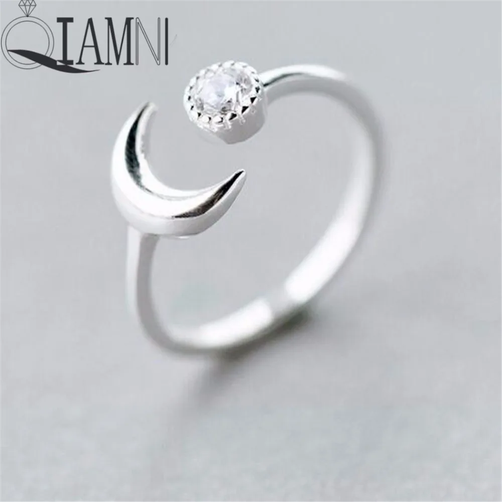 

QIAMNI 925 Sterling Silver Beautiful Elegant Round CZ Crescent Moon Open Ring for Women Girls Wedding Party Christmas Gift