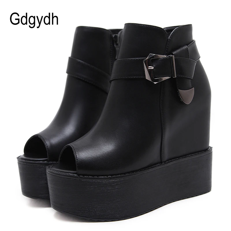 

Gdgydh 2018 New Autumn Lace Up Female Wedges Boots Shoes Black Zipper Peep Toe Ankle Boots For Women Platform Leather Shoes